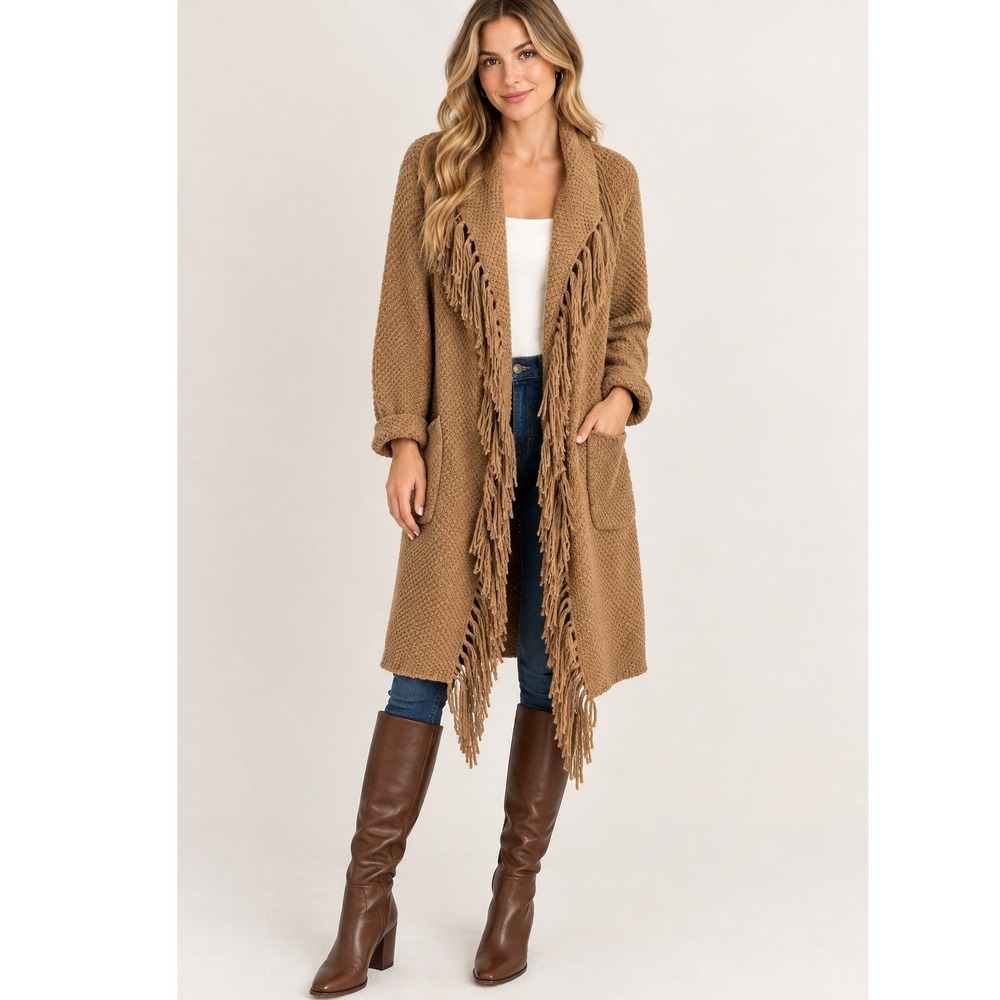 Lauren Ralph Lauren Long Open Cardigan Medium Camel Fringe Ango Western Boho